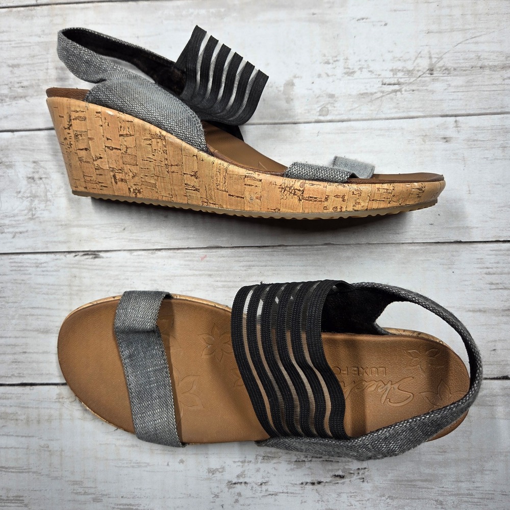 Skechers Rumblers Solar Burst Wedge Sandals Women 8 Black Silver Elastic Straps
